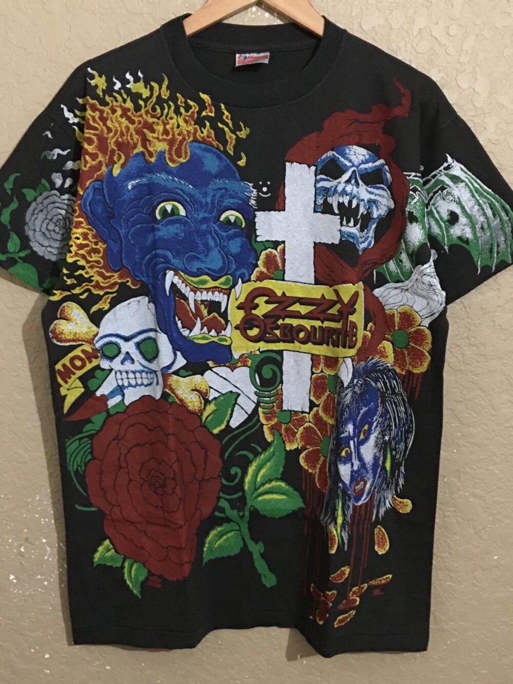 Hanes Black Graphic Tee with Blue, Red, Green and Yellow Ozzy Osbourne Art